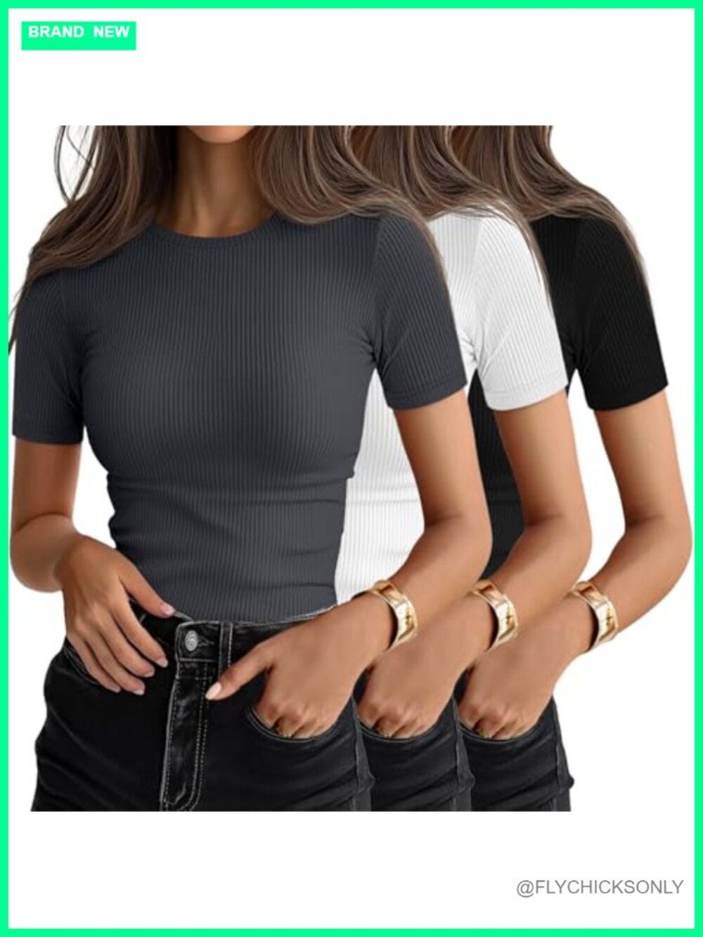 3 Pack Women's Ribbed Short Sleeve Crew Neck Slim Fit T-Shirts